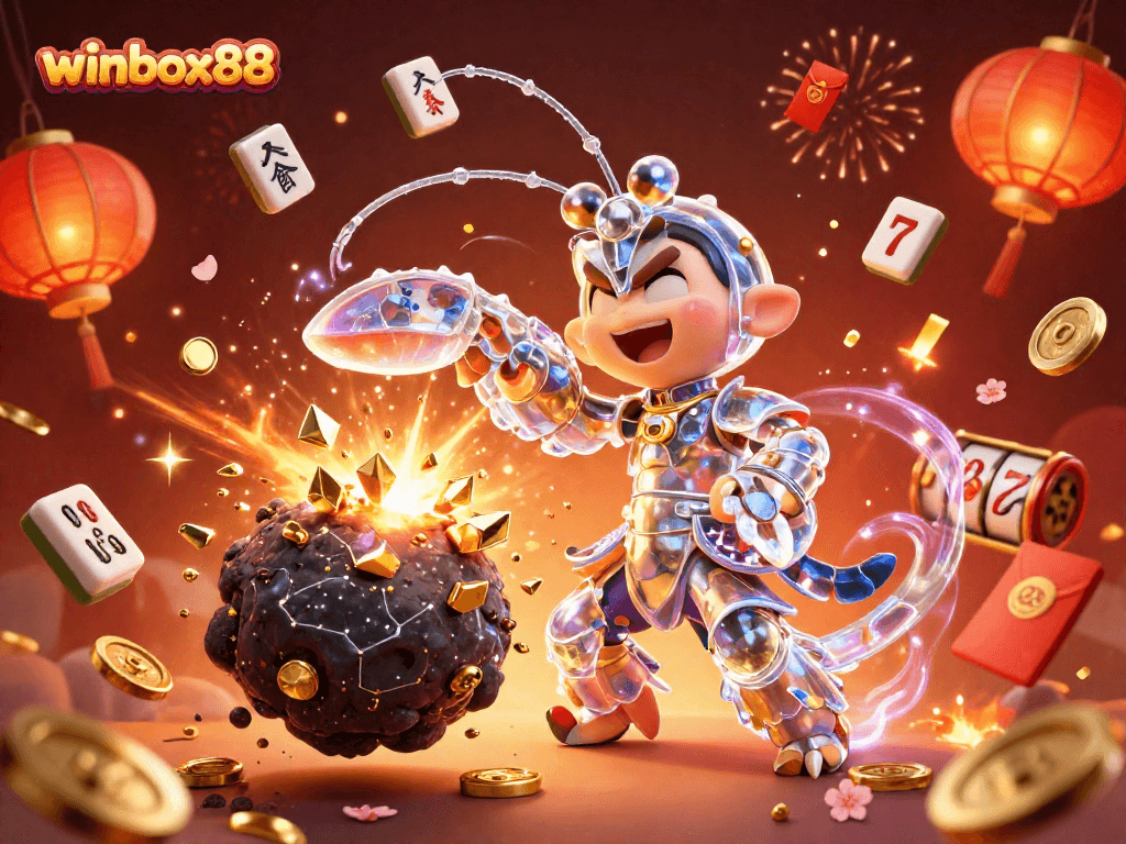 Winbox88 showcases a cosmic samurai mantis shrimp amidst thrilling casino elements like slot reels and fireworks.