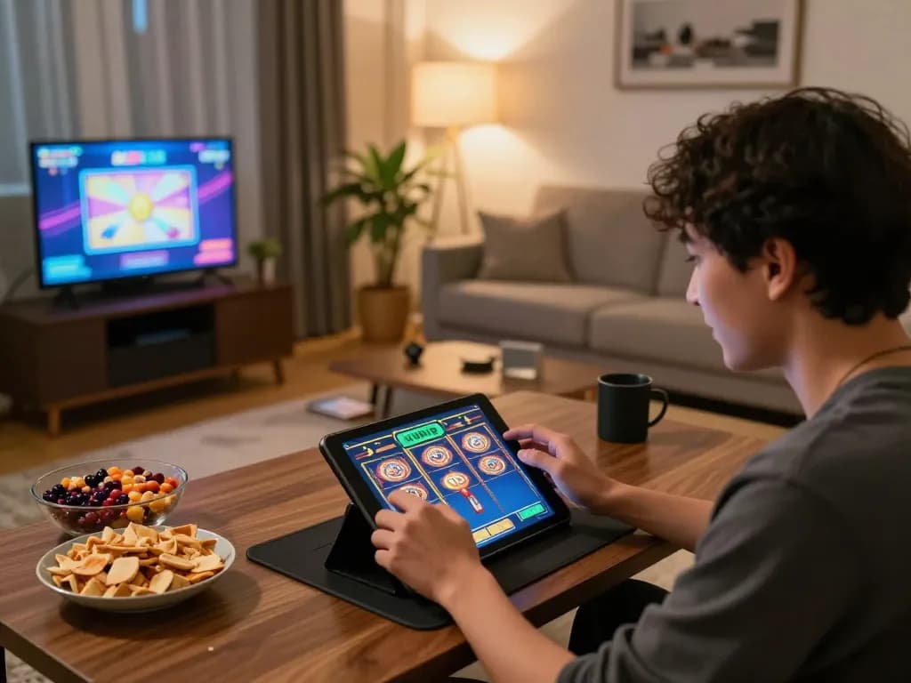 KUBET player enjoying strategic gameplay on a tablet in a cozy living room setting with snacks.