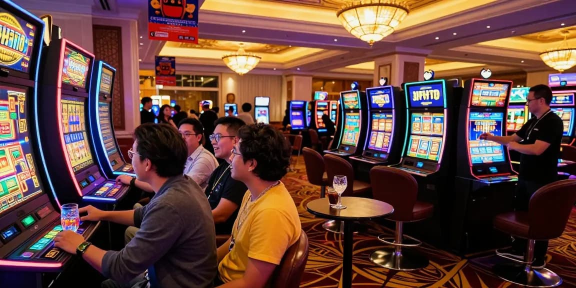 Group enjoying the JPTOTO slot machine in a vibrant casino lobby, capturing excitement and entertainment.