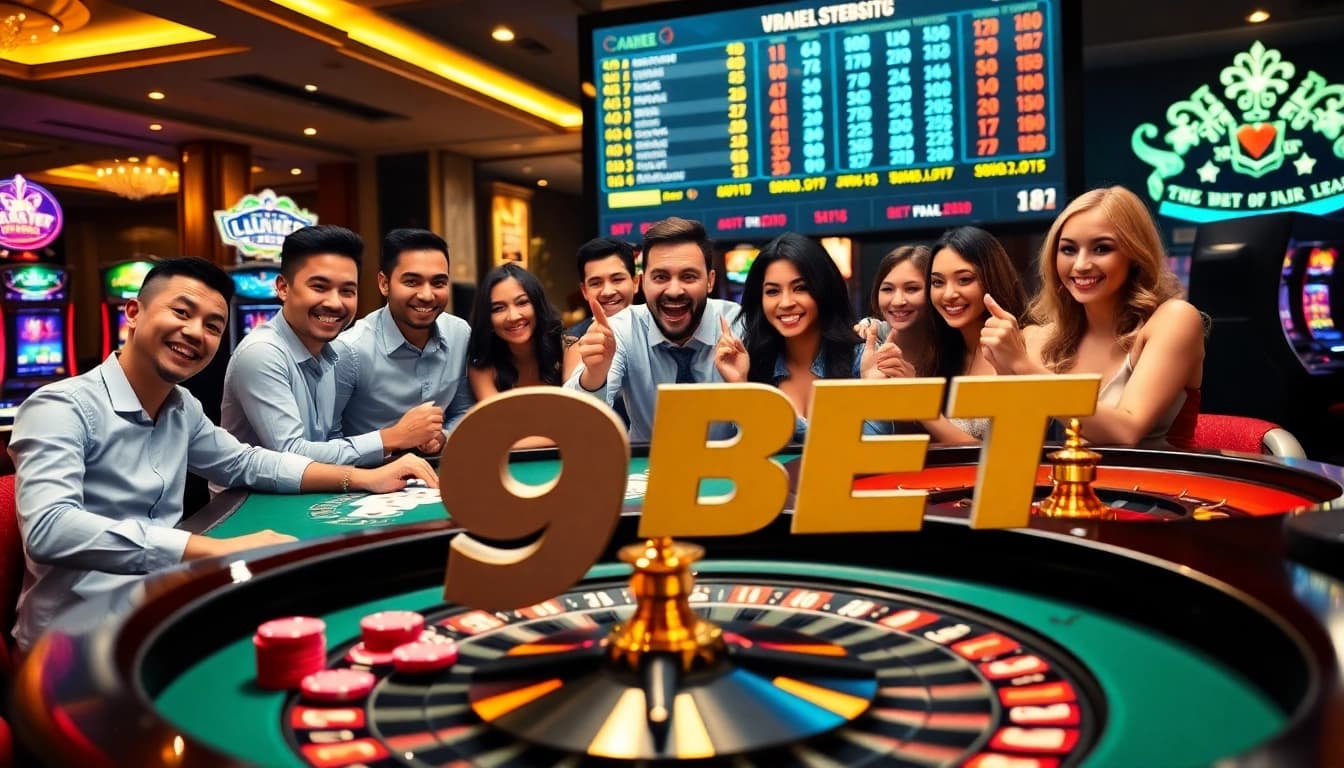 Experience the excitement of 9BET with vibrant casino games, poker chips, and roulette.