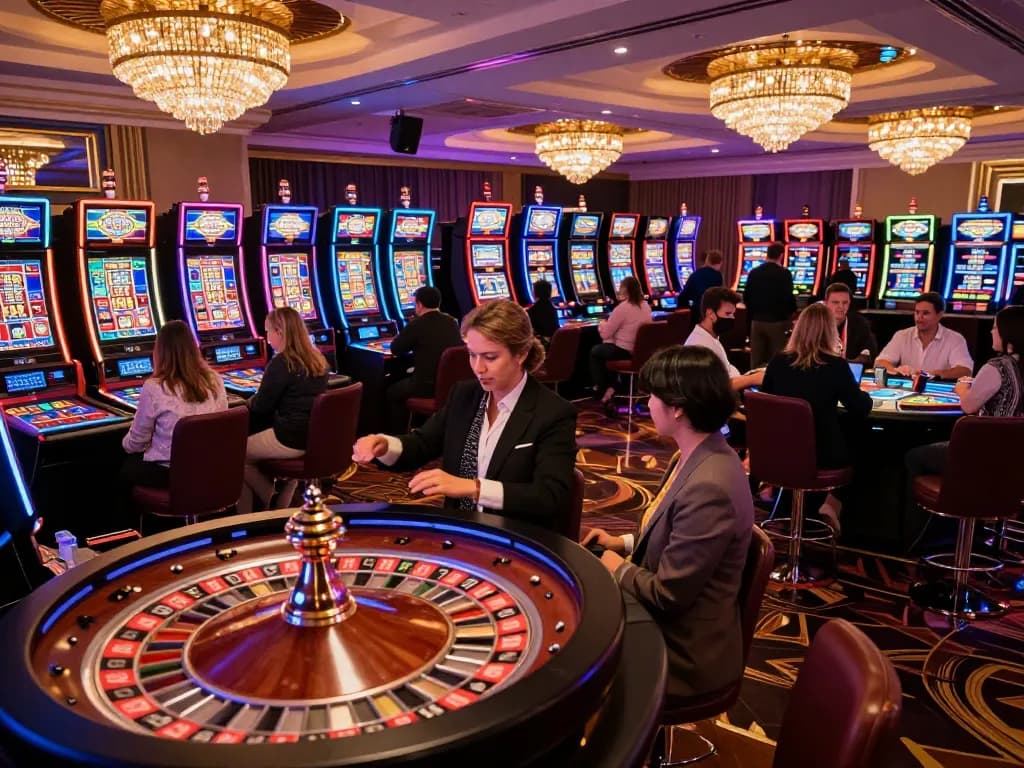 Players enjoying a thrilling BK8 roulette game amid a luxurious casino atmosphere.