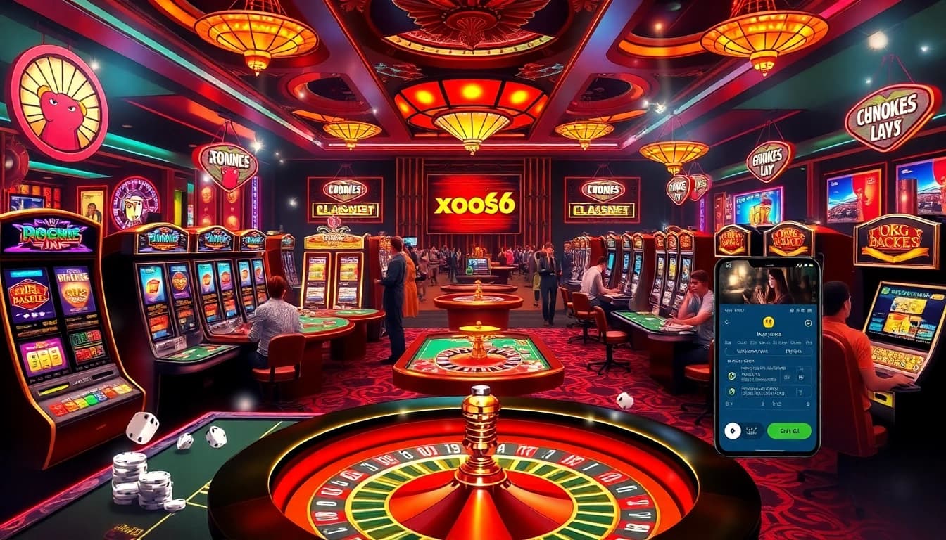 Xoso66 players winning big at a vibrant casino, showcasing excitement and luxury.