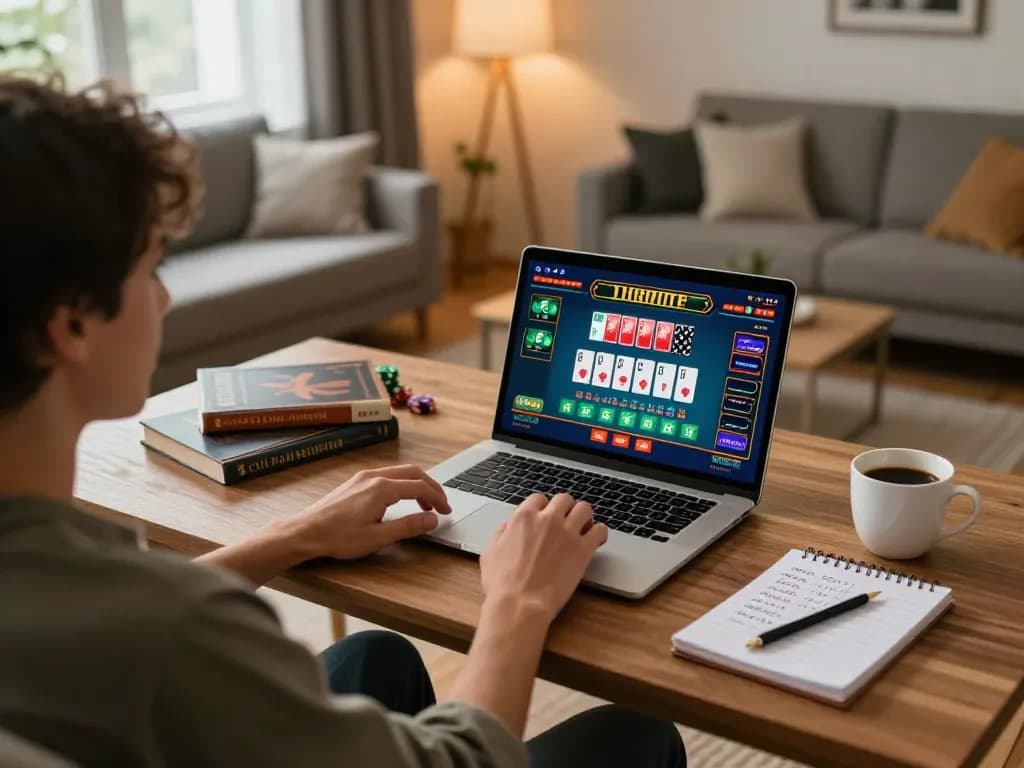 Player engaging in a sun win baccarat game on laptop, showcasing strategic online gambling in cozy home setting.