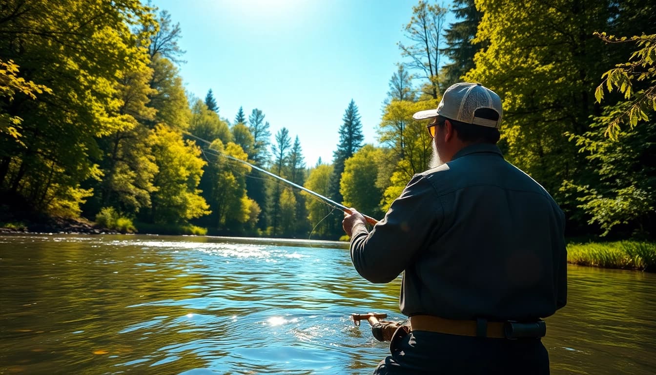 Angler casting line while enjoying fly fishing gifts in a serene river setting.