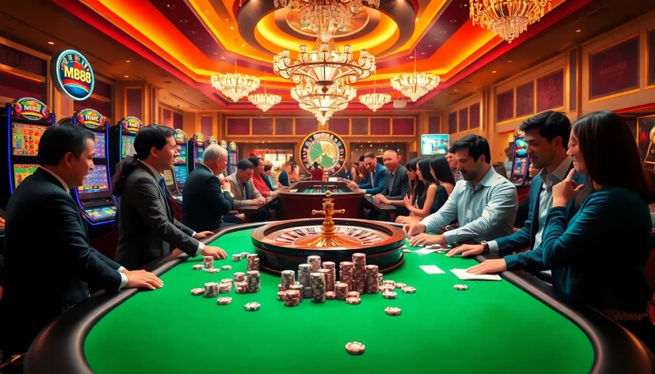 Excited players winning at MM88 casino tables with vibrant chip stacks and live dealers.
