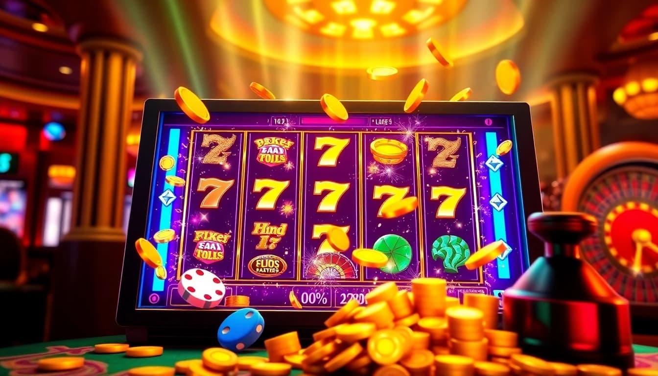 Putar untuk menang di mesin slot online ANEKA4D yang penuh warna, menampilkan gulungan berwarna-warni dan koin berkilau.