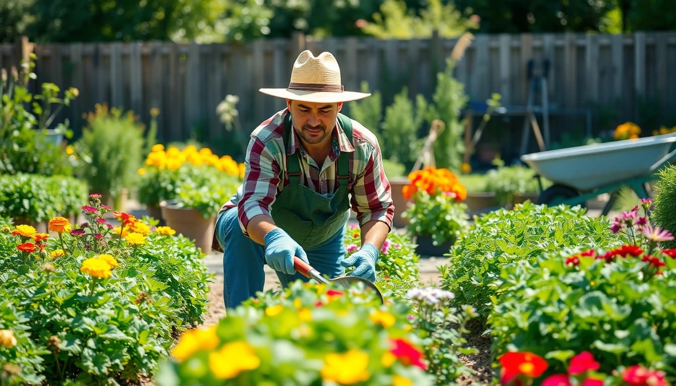 Gardening: A gardener nurturing plants in a bright vegetable garden, showcasing vibrant colors.