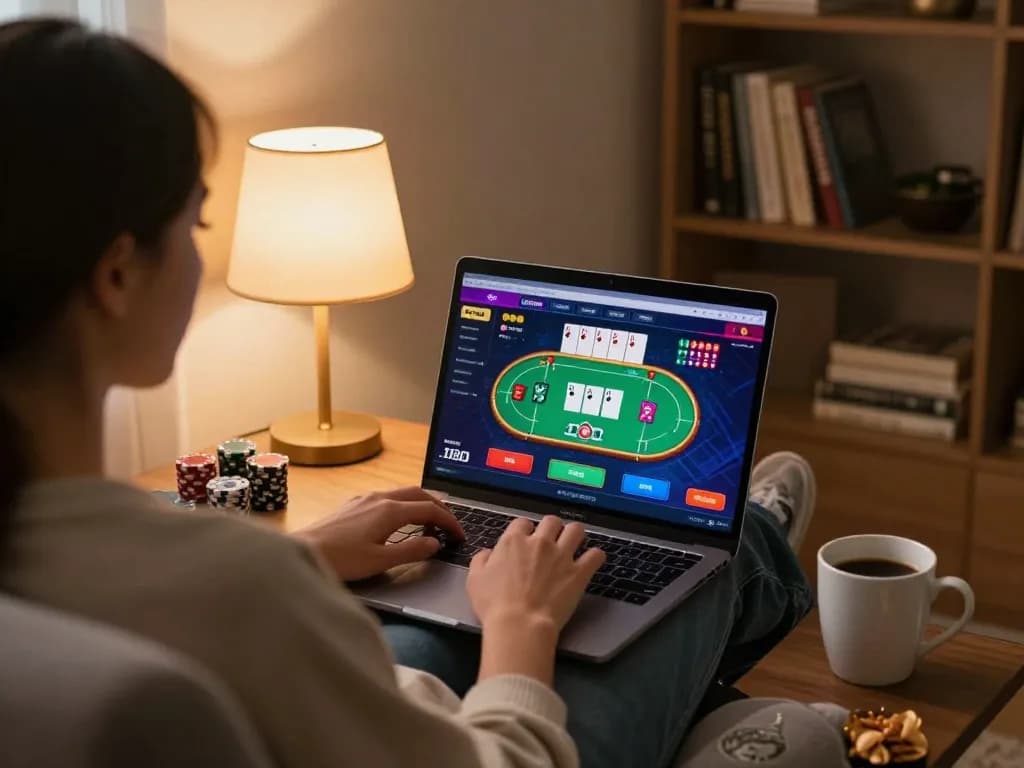 Player enjoying king33 online casino games on a cozy laptop setup with snacks and a warm drink.