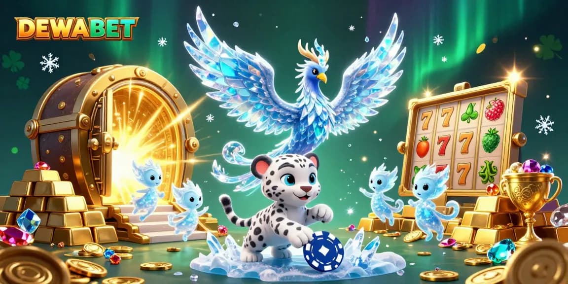 Win big with DEWABET as cartoon characters celebrate around vibrant slots and treasures.