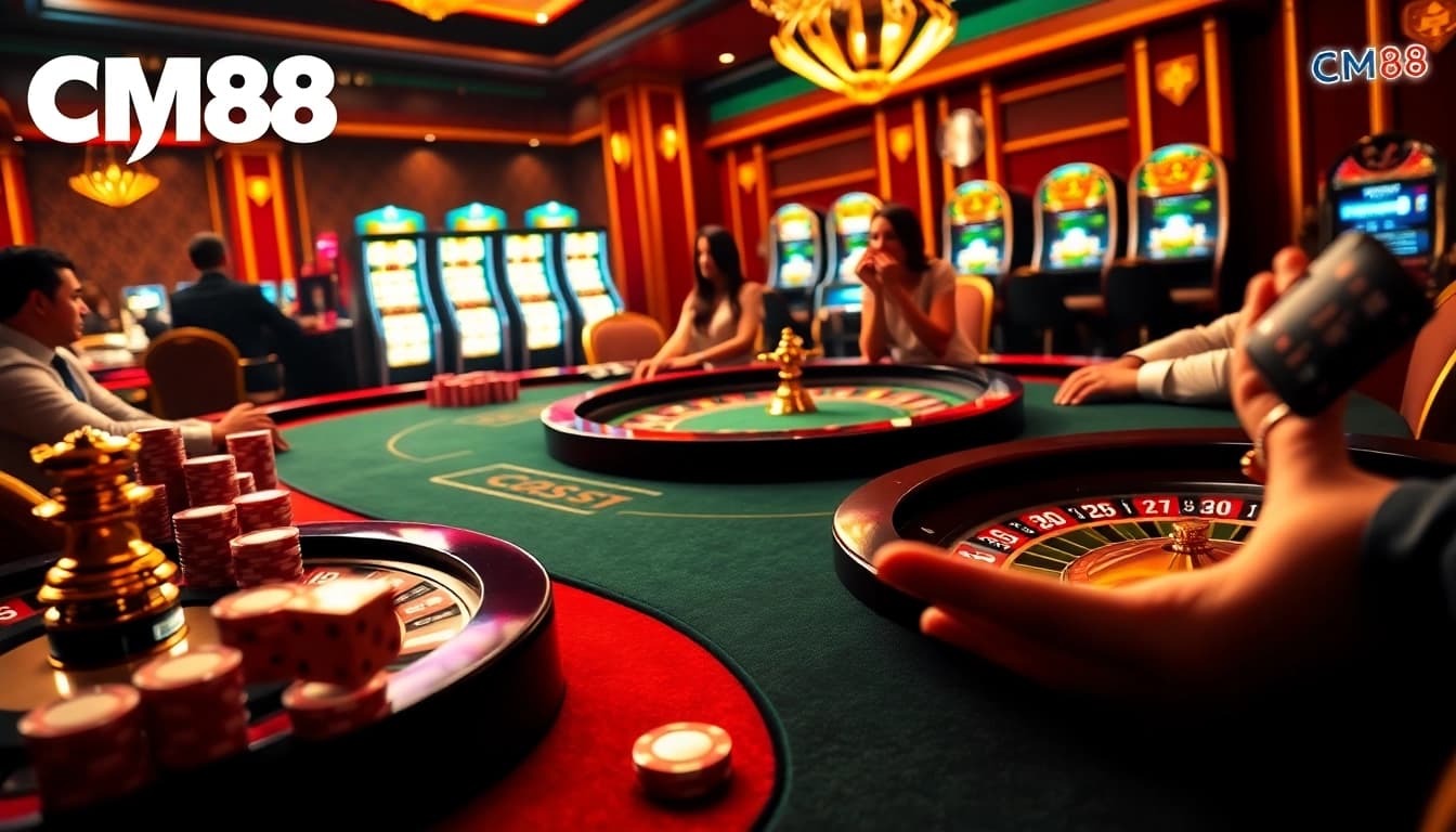 Exciting poker scene at a CM88 casino with chips, players, and roulette in action.