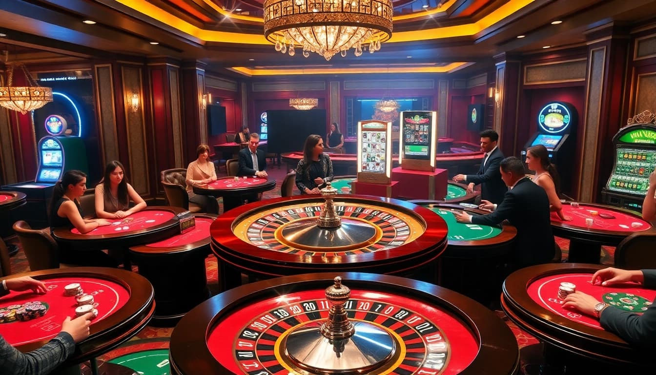 Experience thrilling gameplay at https://luck88.video/ with luxury casino tables, roulette wheel, and poker chips.