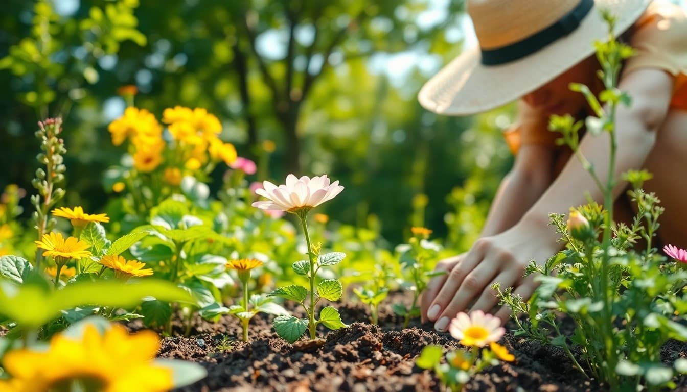 Gardening enthusiast nurturing vibrant flowers in a sunlit garden setting.