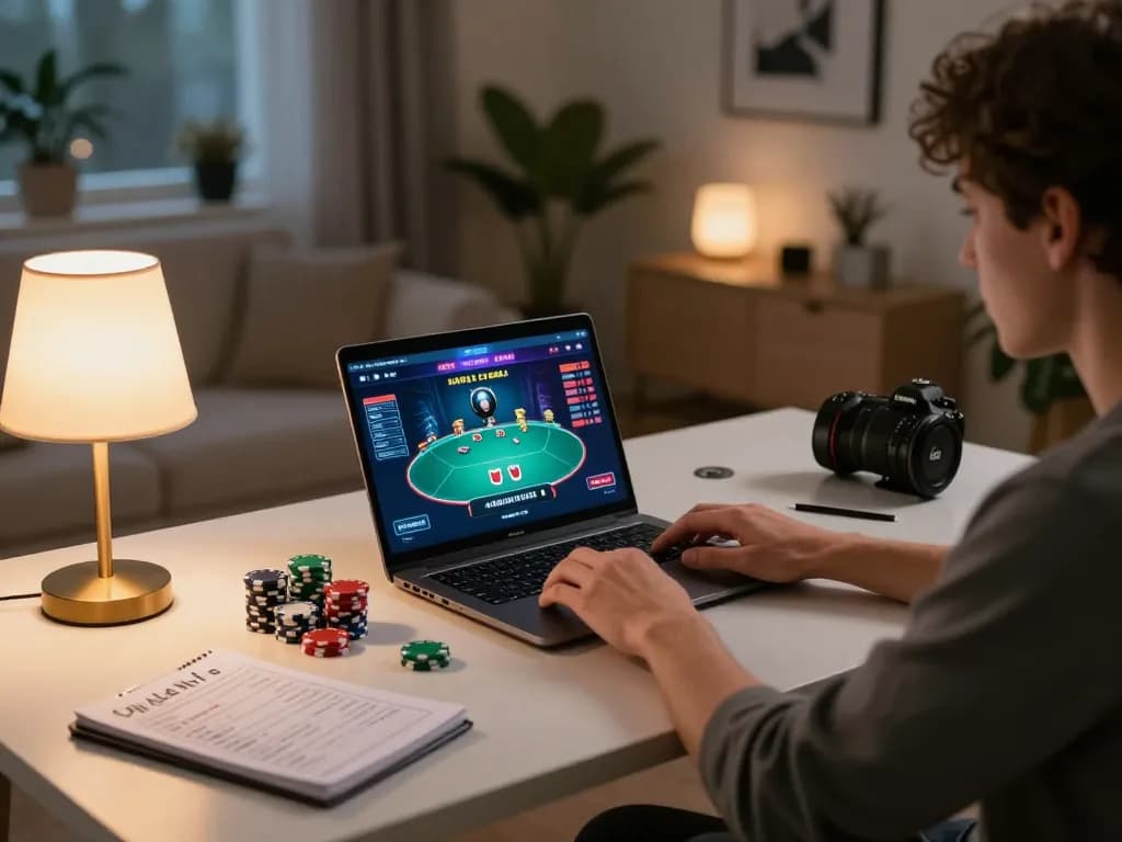LUCK8 player engaging in online poker from a cozy, modern home office setup with vibrant game visuals.