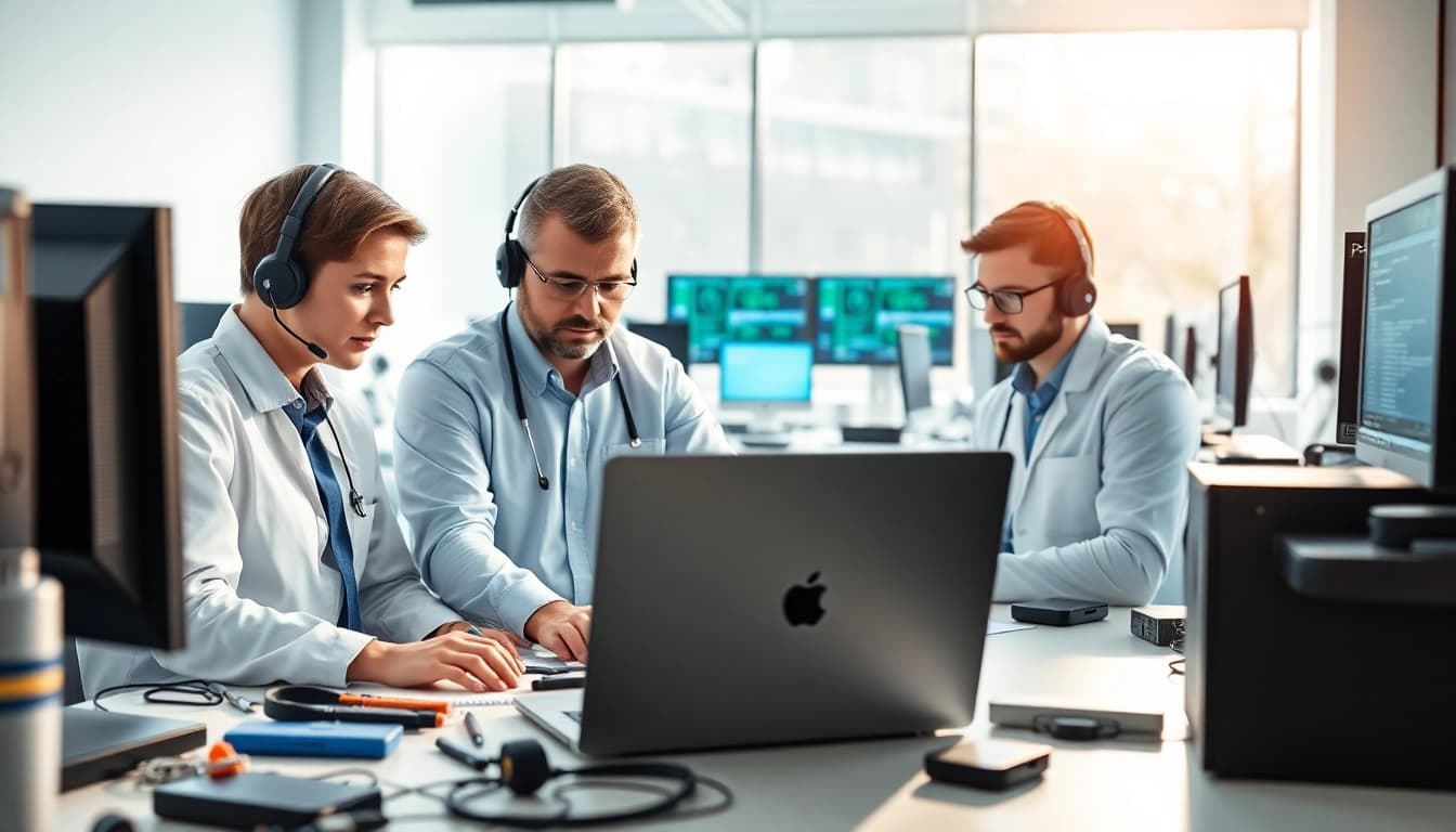 Engaging professionals providing computer support and services in a collaborative tech workspace.