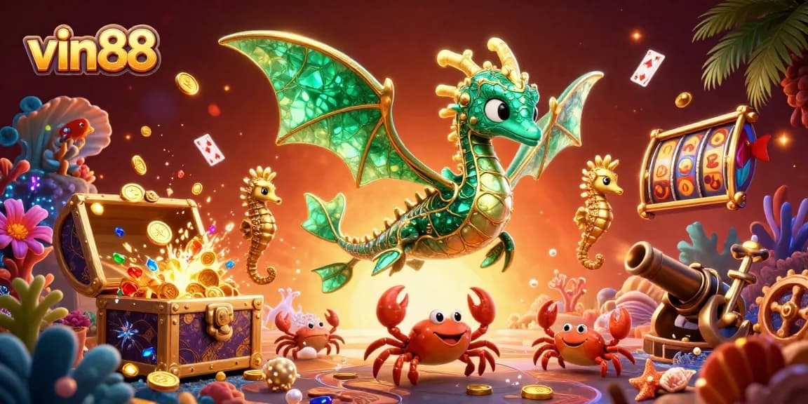 Spin the reels at vin88 with a treasure-seeking sea dragon amidst gold coins and glowing gems.