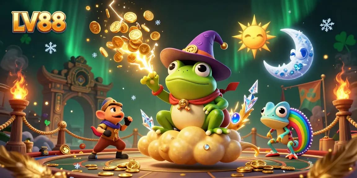Experience LV88's thrilling online casino adventure featuring a storm of golden coins and dynamic characters.