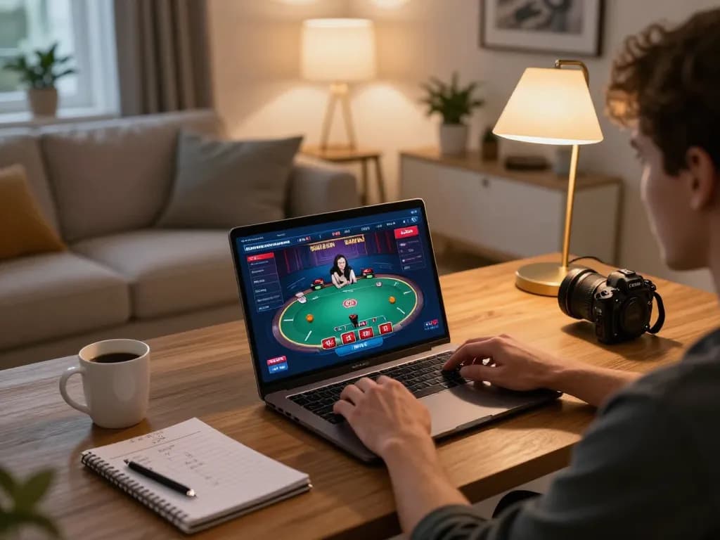34win player strategizing in cozy home setup with poker gameplay interface visible