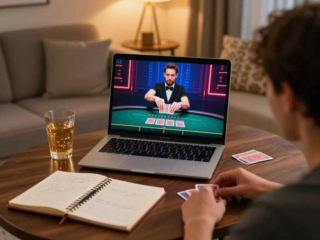 Engaged player enjoying MMOO live dealer game experience on laptop in cozy home setting.