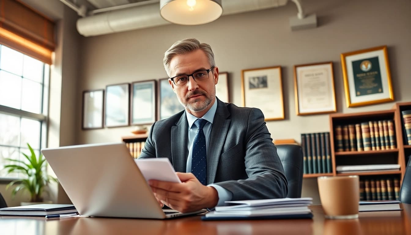 Portland personal injury attorney Tim Grabe focused on a case at https://www.timgrabeattorney.com in a professional office.