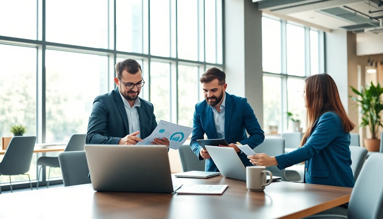 Analyzing business growth insights with a collaborative team in a bright office.