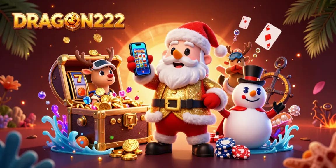 Spin the reels with DRAGON222 in a vibrant casino scene featuring fun characters and slot elements.