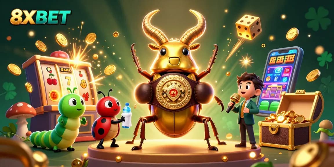 Experience thrilling gameplay with 8XBET's golden stag beetle champion in a dynamic casino scene.