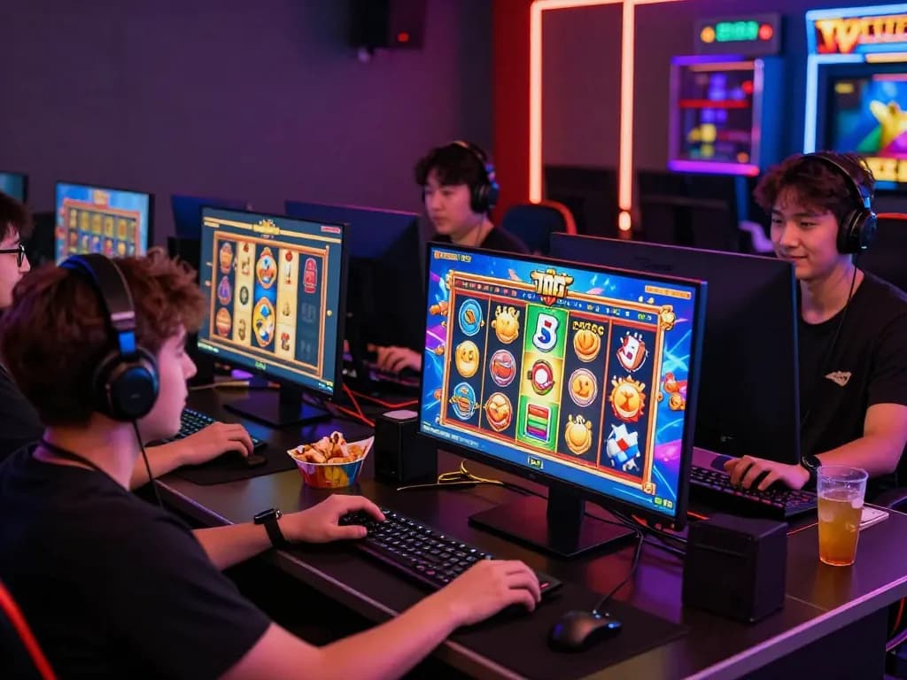Pemain menikmati pengalaman permainan slot online laoban188 dalam suasana yang hidup dengan grafik warna-warni dan kemenangan.
