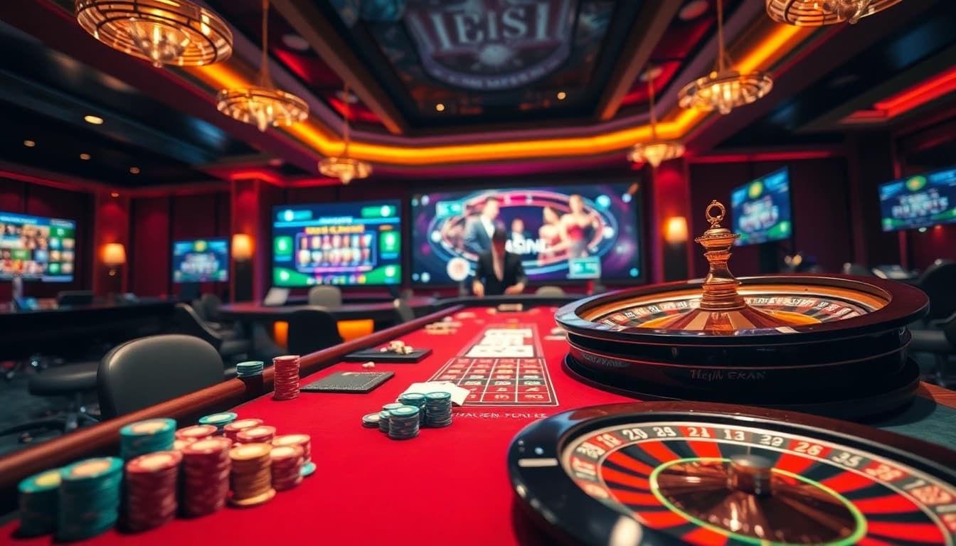 Scène de jeu en ligne passionnante mettant en avant le casino en ligne argent réel France avec des jetons colorés, des cartes et une roulette.