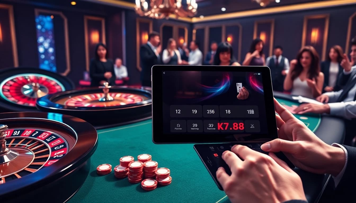 Engaged players explore kp88 online gambling in a luxurious casino environment.