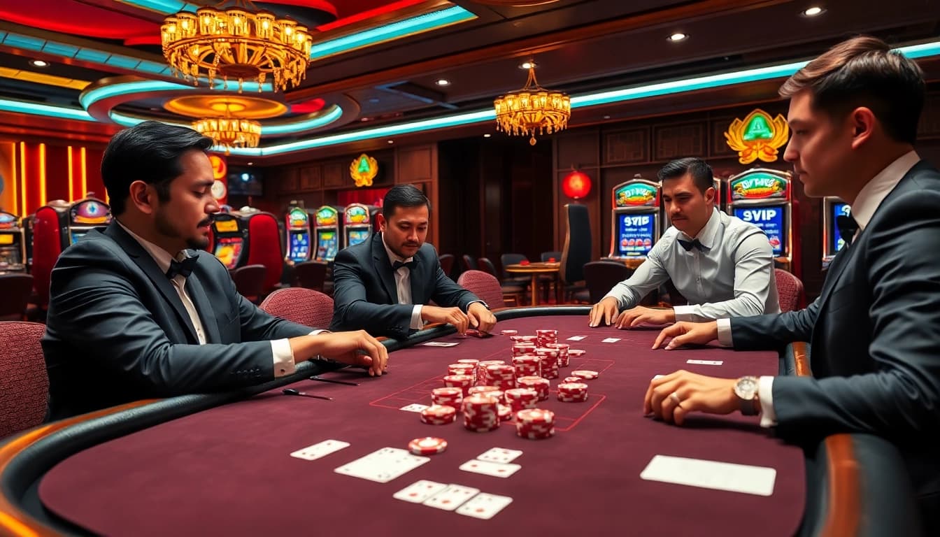 Players enjoying an exciting game of poker at the KP88 table in a vibrant casino setting.