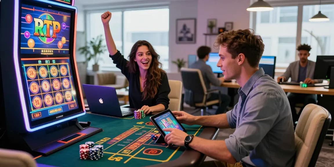 Exciting online USA casinos scene with players enjoying high RTP slots and live dealer games in a vibrant home office.
