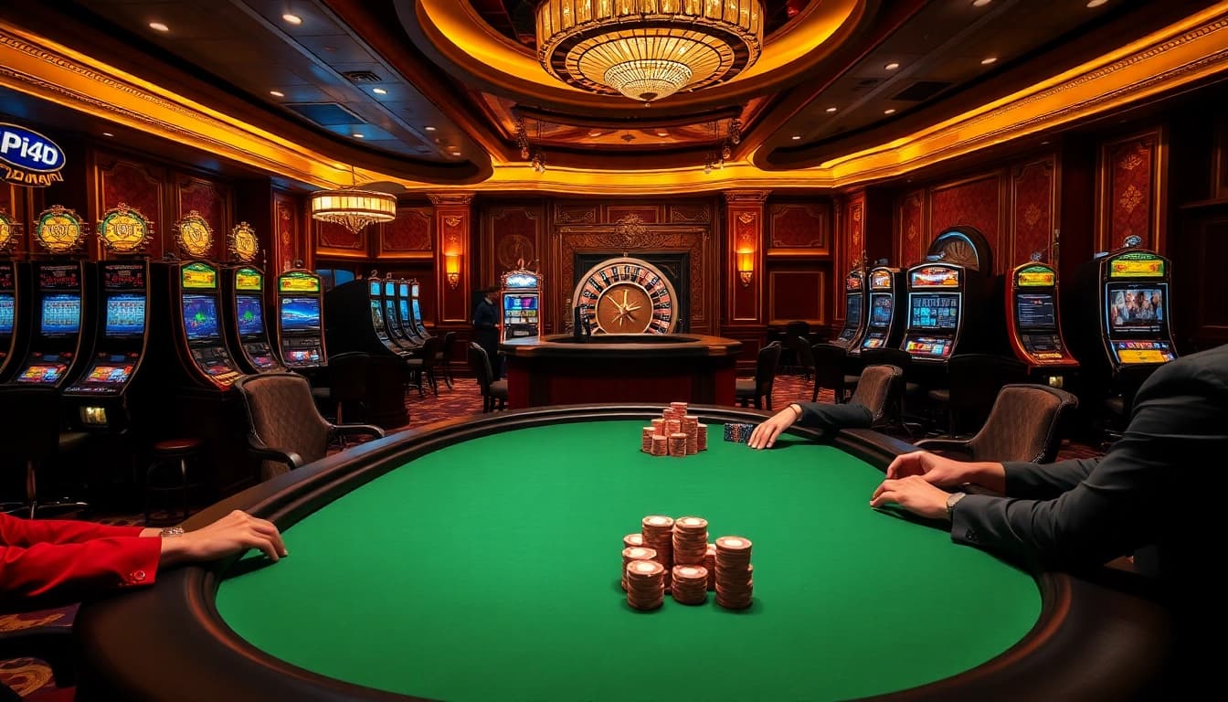 KPI4D players strategizing at a luxurious poker table in an elegant casino atmosphere.