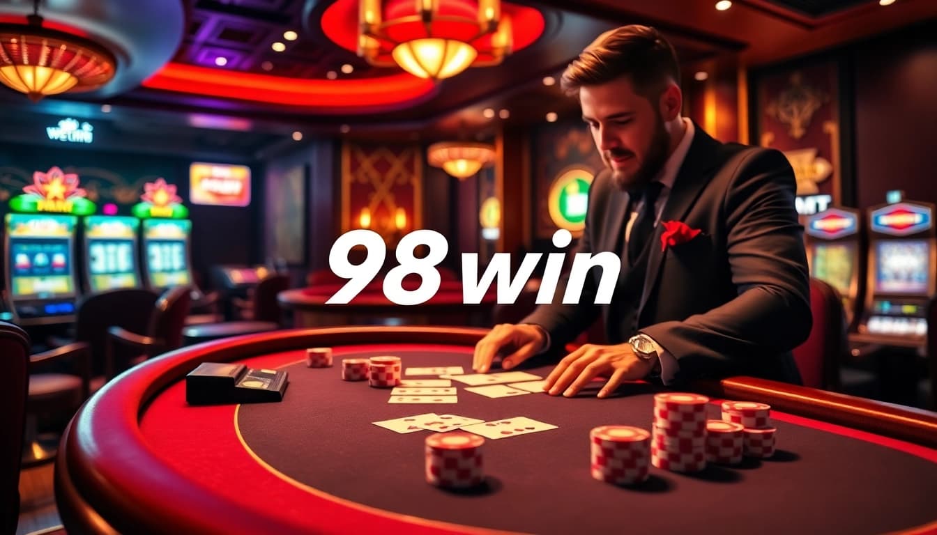 Experience the thrill of 98win with vibrant casino tables, roulette wheels, and poker excitement.