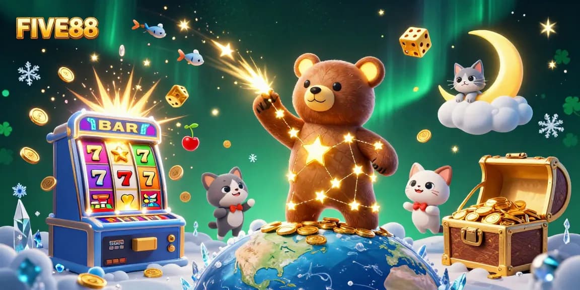 Experience the excitement of FIVE88 with our vibrant 3D illustration showcasing dynamic casino action.
