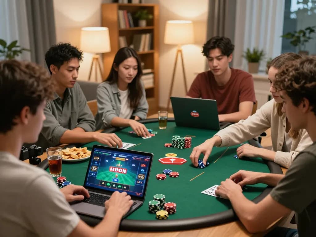 FIVE88 players enjoying online poker gameplay in a cozy home setup with engaging atmosphere.