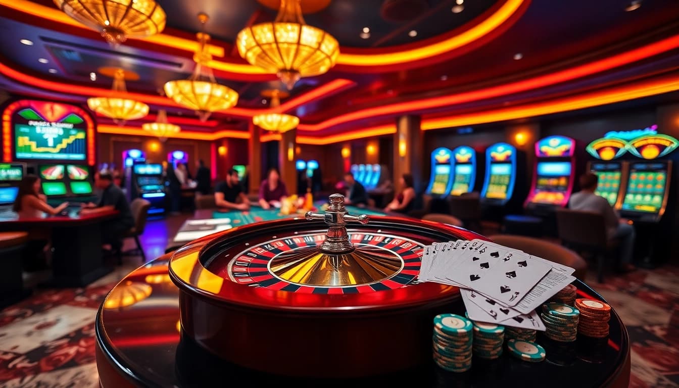 Experience the thrill of gaming at https://yo88.cash/ with an exciting casino scene featuring roulette wheels and poker chips.