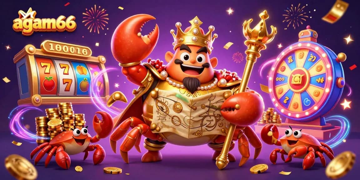 Experience thrilling gaming action with agam66 slot games, featuring a golden crab and vibrant slot elements.