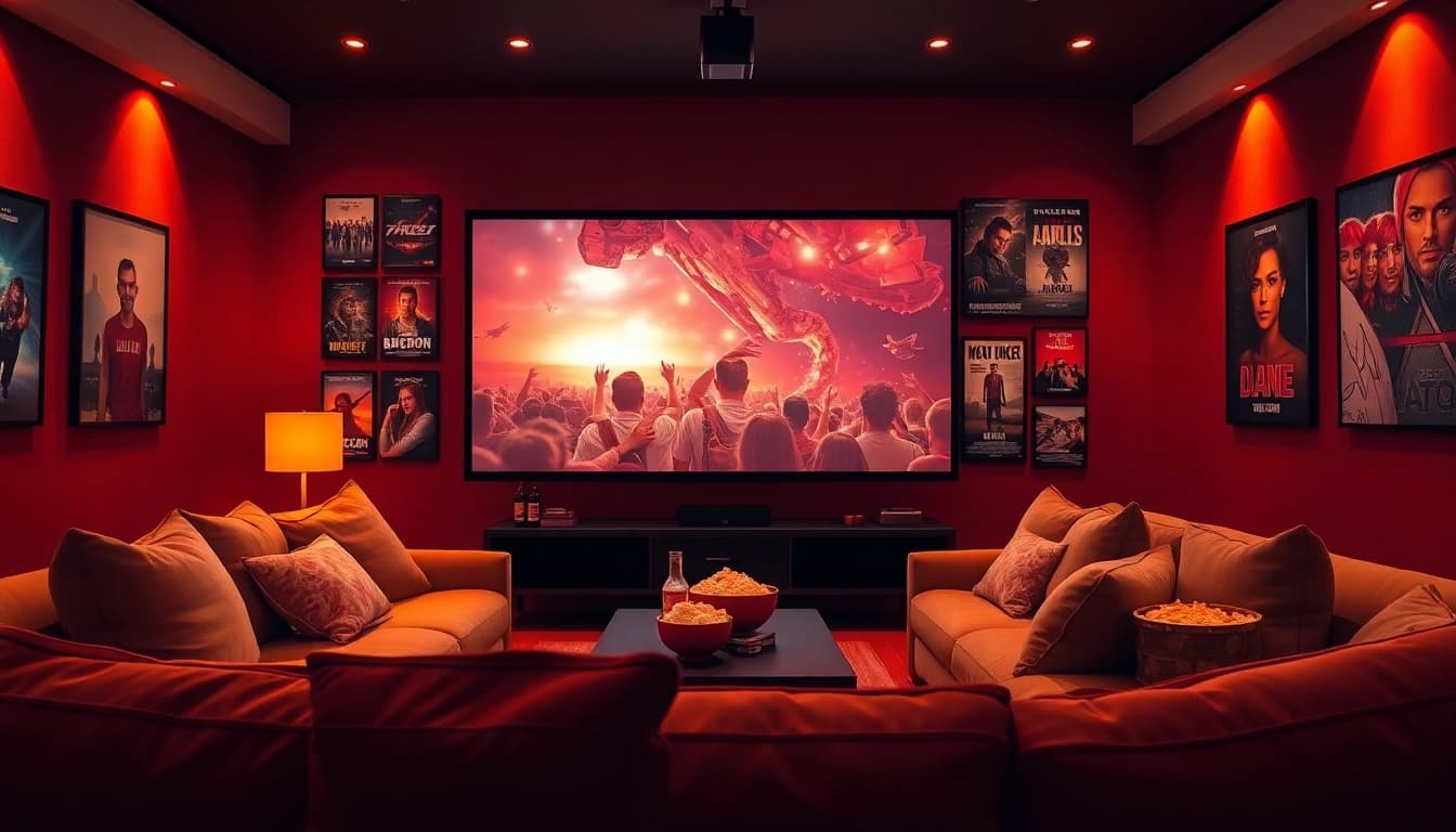 Enjoy ดูหนัง on a cozy couch with vibrant movie posters and popcorn, capturing a perfect film night.
