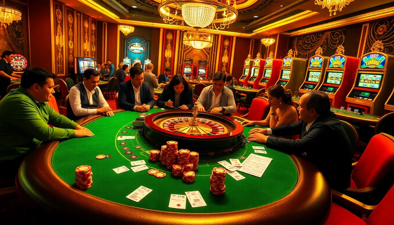 Players enjoying a high-stakes poker game at the GO8 casino table with vibrant chips and roulette wheels.