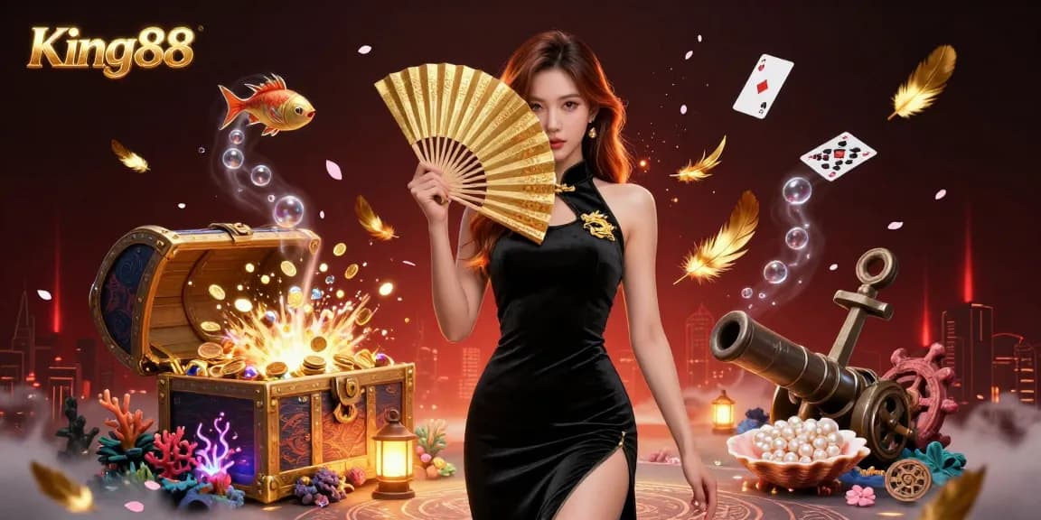 Experience King88's vibrant casino atmosphere with a stunning 3D illustration showcasing an elegant Asian woman surrounded by gaming treasures and underwater elements.