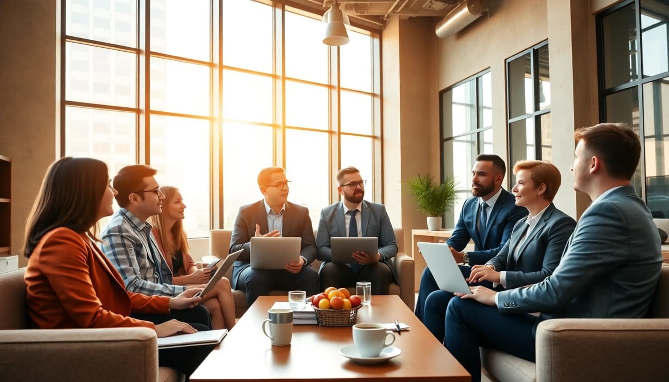 Business professionals collaborating in an engaging meeting in a modern office.