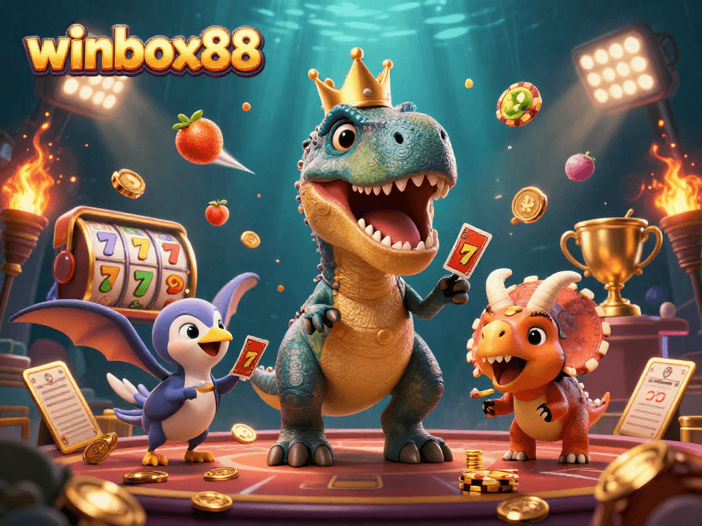 Experience winbox88 with a 3D illustration of a T-Rex shuffling cards and a baby triceratops stacking poker chips.