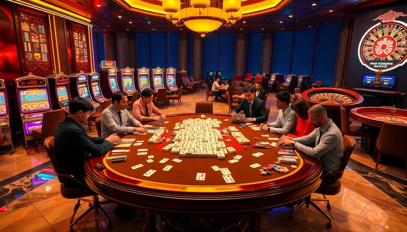 Players enjoying Mahjong Ways 2 at a vibrant casino table, surrounded by chips and cards.