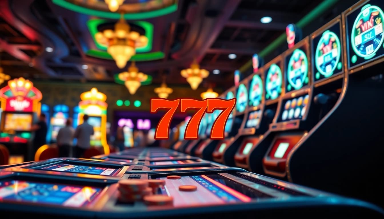 Slot 777 menampilkan mesin slot yang cerah dan menarik di kasino yang ramai.