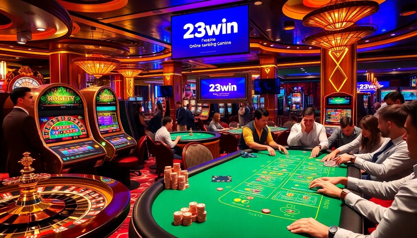 Dynamic gaming atmosphere at 23win's casino, showcasing roulette and poker action.