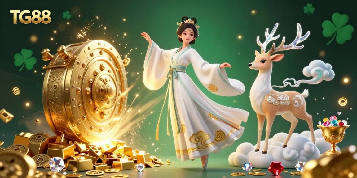 TG88 showcases an enchanting gaming scene with a celestial deer and treasures, celebrating luck and excitement.