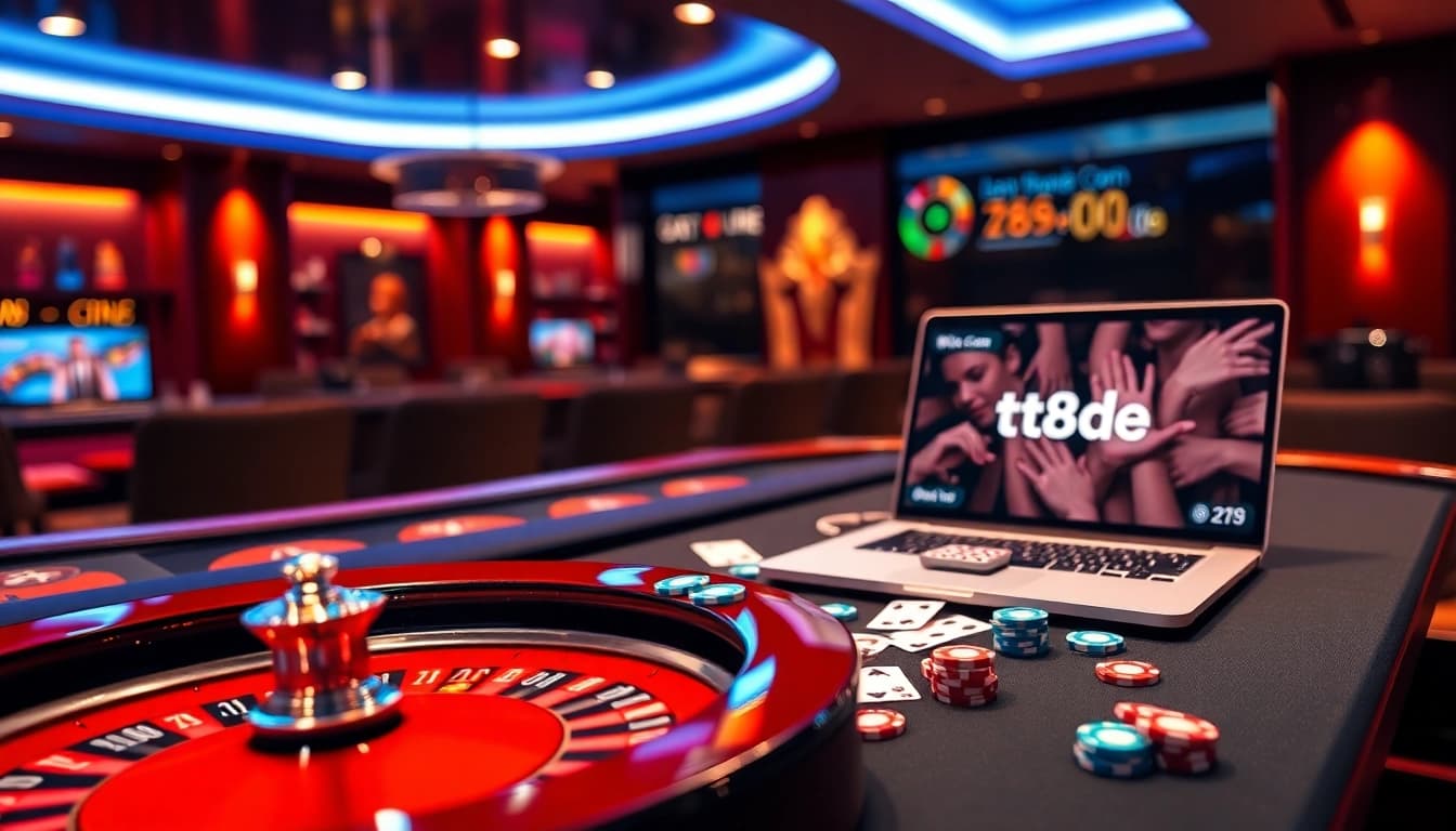 Engage with https://tt88.de.com in a vibrant online casino setting featuring roulette and poker chips.