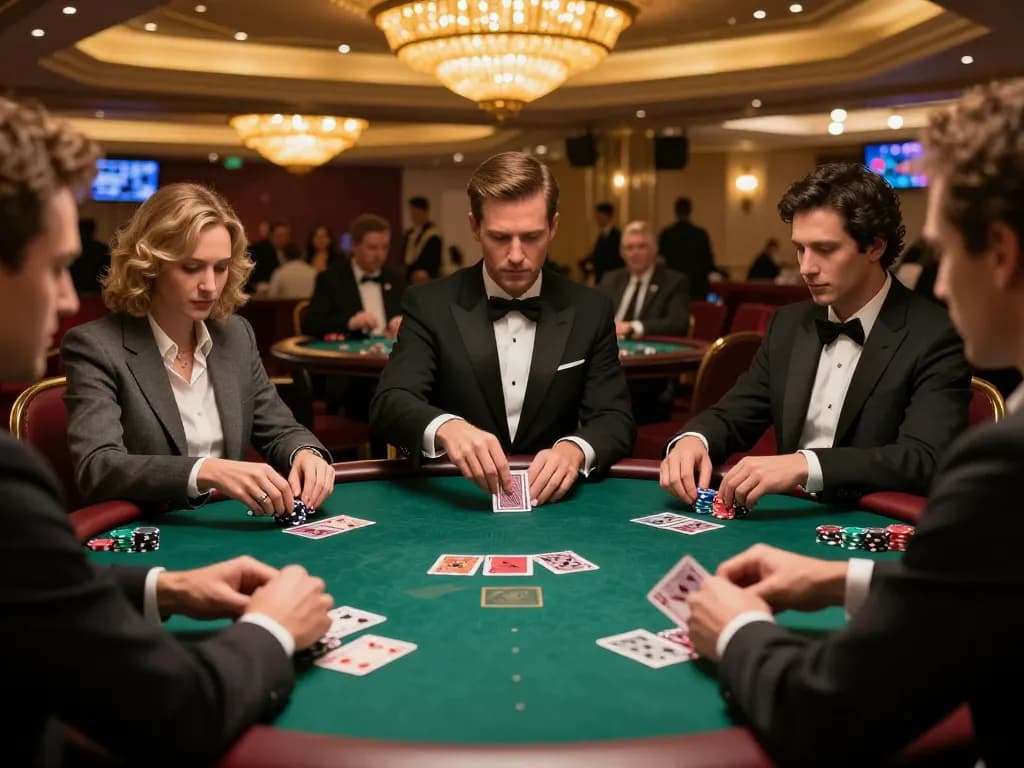 Intense poker game at a glamorous casino, showcasing players focused on strategy at sites not on gamstop.