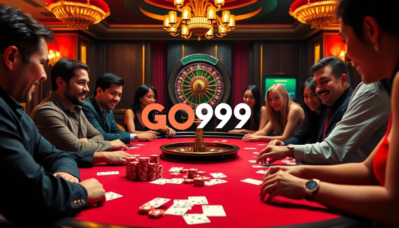 Players enjoying an exciting poker game at a luxurious casino table with GO99 branding.