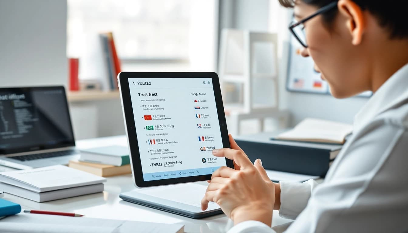 Youdao translation app in a vibrant digital learning environment showcasing multilingual translations on a tablet.
